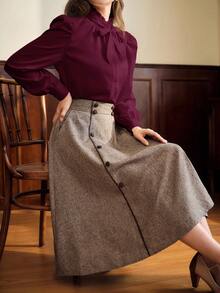 Vintamour Blusa elegante vintage para mujer con cuello con volantes, puños con lazo y detalles recogidos, camisa casual de manga larga para el trabajo, ropa de mujer para otoño, invierno, regreso a casa, oficina, atuendos de mujer para otoño, blusas de mujer para otoño e invierno, ropa de mujer para invierno, blusas de manga larga para otoño, ropa de otoño para mujer, blusas de mujer para otoño, ropa de mujer para el estilo cottage core, camisa de Navidad, blusas de trabajo para mujer - Rojo violeta - Ver 5