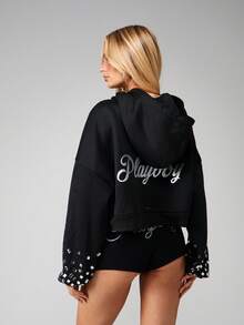 Missguided x Playboy 镶钻全拉链连帽衫，带抽绳和兔子标志，女款 - 黑色 - 查看 2