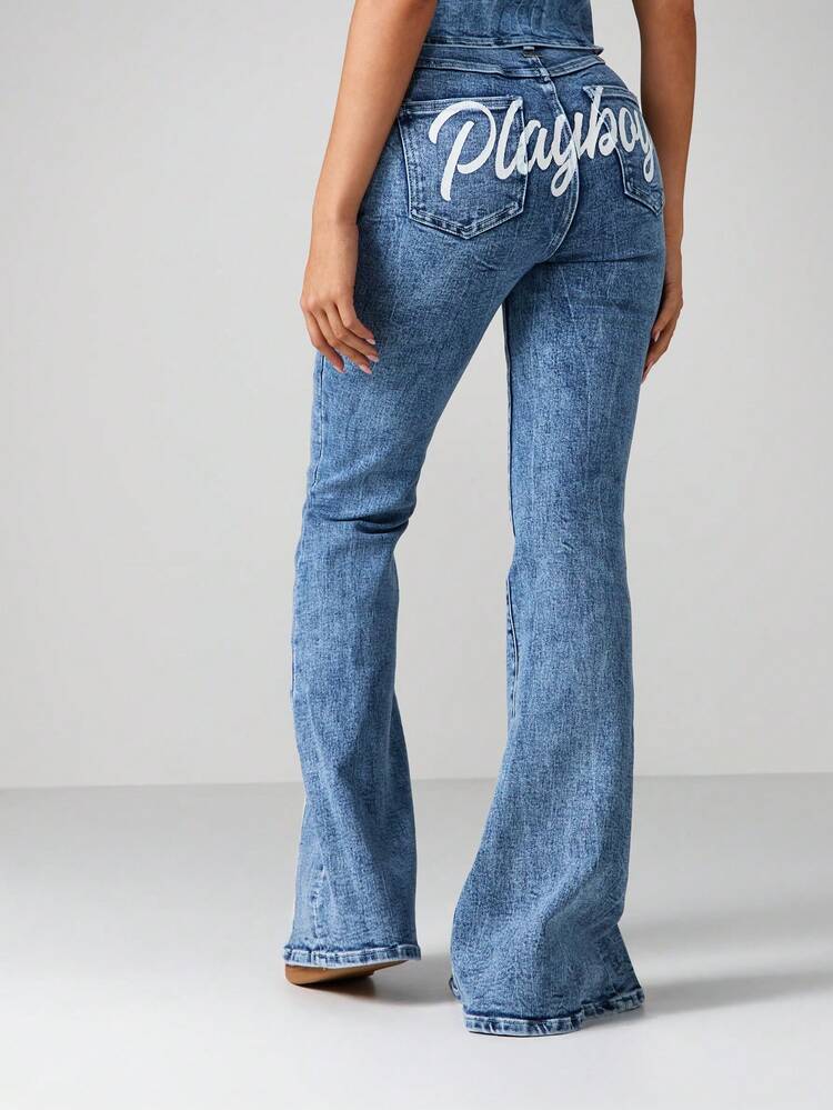 Missguided x Playboy High Waisted Flared Denim Jeans With Print For Festival Party Wear