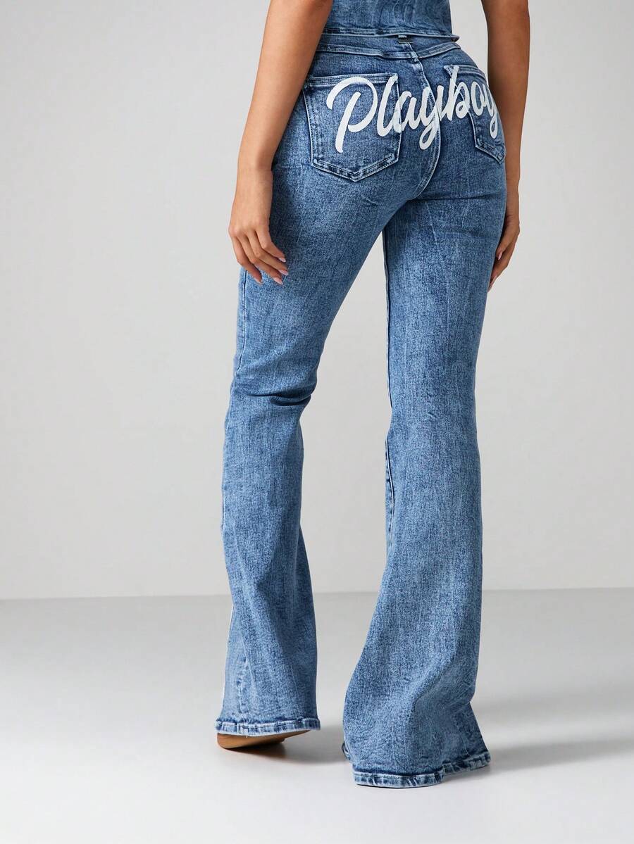 Missguided x Playboy Quần jeans denim ống loe cạp cao in họa tiết cho tiệc lễ hội - Màu xanh lam - Xem 1