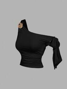 SHEIN MOD 2pcs Asymmetric Butterfly Metal 3D Flower Decor Women Blouse