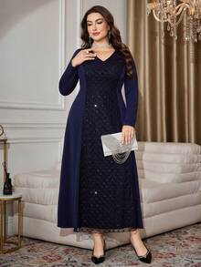 Modelyn Elegant Knit Patchwork Beaded Mesh V-Neck Long Sleeve A-Line Plus Size Dress, Suitable For Spring And Autumn - Navy Blue - View 4