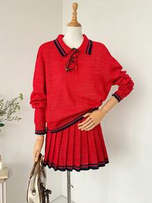 SHEIN Unity 女士迷你羊毛衫半身裙，百褶裙，复古学院风，适合秋季、返校季、日常穿着、复古风、约会、下午茶、圣诞节等场合。 - 紅色 - 查看 2