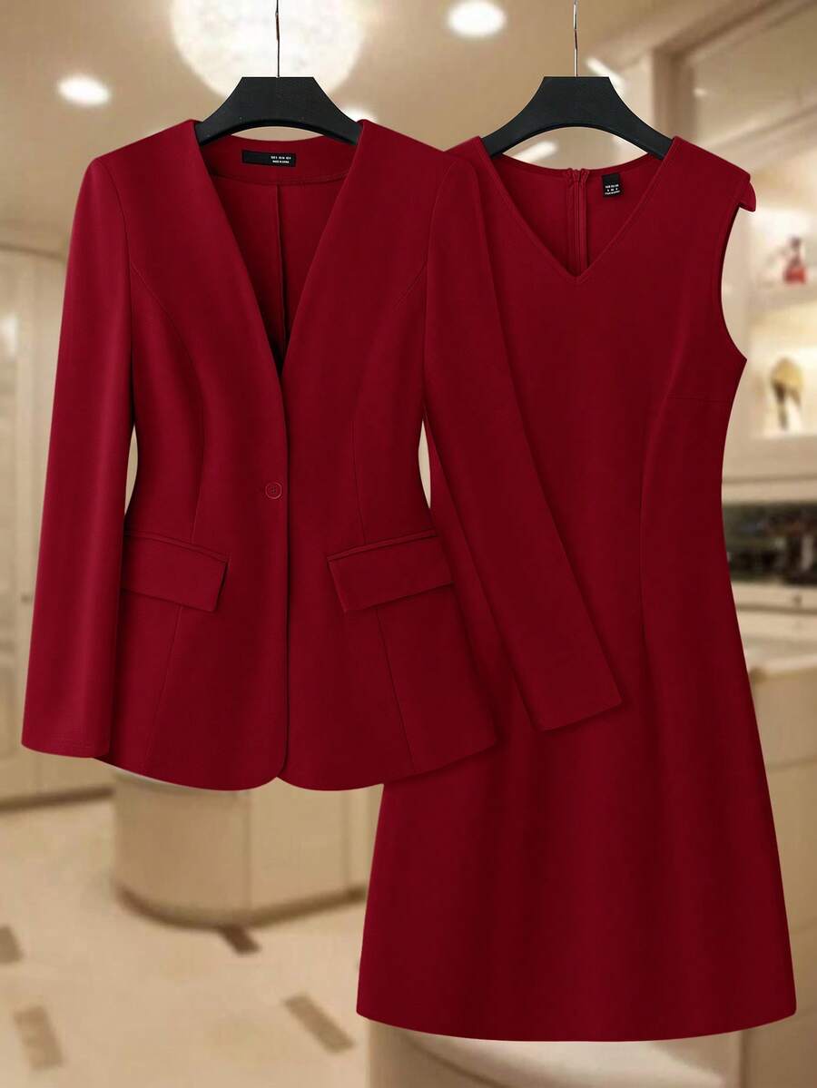 Ellevyn Bộ đồ nữ thời trang thu/đông gồm áo khoác và váy công sở màu xanh dương, áo blazer đỏ, bộ vest đỏ cho nữ, váy vest cho nữ, bộ vest nữ gồm áo blazer và chân váy. - Đỏ - Xem 1