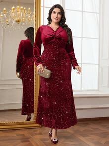 Modelyn 大码扭结纯色落肩长袖修身亮片闪亮优雅连衣裙 - 酒紅色 - 查看 3