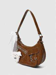 ROMWE Kawaii Women's Fashion Daily Commute Doll Brown Button Motorcycle Bag - Brown - View 5