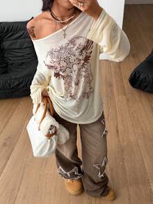 Coolane Áo thun tay dài hở vai cổ lệch thoải mái phong cách Goth Grunge Y2K Cupid dành cho nữ mùa xuân, X Rafael Machado - Màu be - Xem 6