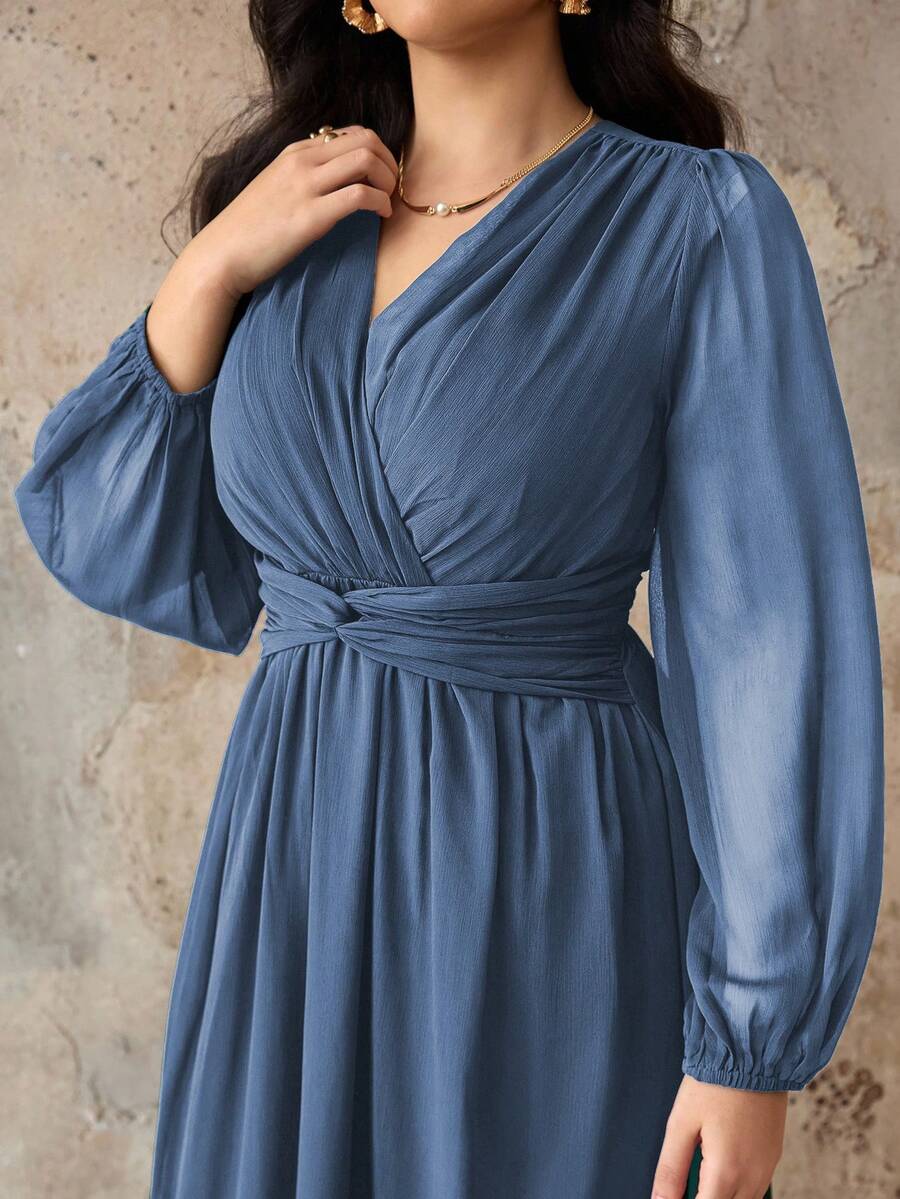 Roveilla Váy voan phong cách Trung Đông cổ điển thanh lịch cỡ lớn dành cho nữ, chất liệu vải xếp ly, nhún bèo, xoắn eo, dáng chữ A, tay dài, thích hợp cho tiệc trà chiều, tiệc tùng, xuân/thu/đông - Màu xanh bụi bặm - Xem 1