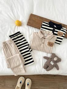 LMoss Kids LMoss 4pcs/Set Young Boy Striped Long Sleeve Polo Collar Sweatshirt And Elastic Waist Casual Pants Set, Autumn/Winter - Multicolor - View 6