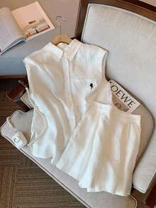 Airaco Women's Knight Print Single-Breasted Pocket Sleeveless Shirt And Shorts Casual 2 Pieces Set