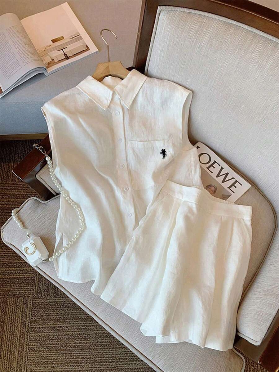 Airaco Women's Knight Print Single-Breasted Pocket Sleeveless Shirt And Shorts Casual 2 Pieces Set