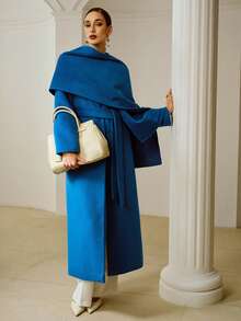 ZEYLAH Women's Long Wool Blend Poncho Coat, Autumn/Winter - Blue - View 7