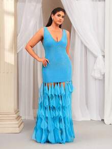 VOLUPTÉ CURVE Plus Size Summer Blue Knit V-Neck Sleeveless Layered Ruffle Fringe Deep Waist Backless Maxi Elegant Dress For Wedding, Party, Beach, Birthdays - Blue - View 2