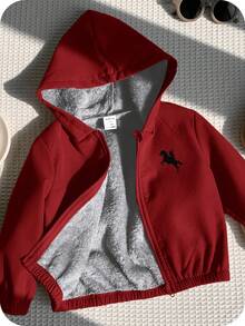 SHEIN 男女宝宝通用酒红色保暖连帽外套，休闲可爱，适合男宝宝和女宝宝，秋冬季穿着
