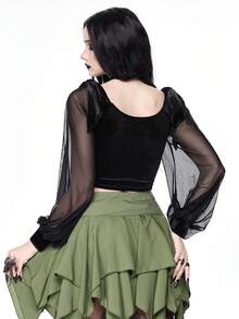 ROMWE Goth Blusa ajustada con estampado de planta de bruja y luna en las mangas tipo linterna para mujer - Negro - Ver 4