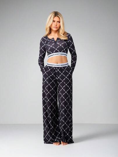 Missguided x Playboy Logo Printed Lounge Trouser Set Long Sleeve Crop Top Wide Leg Pants Comfortable Sleepwear Loungewear