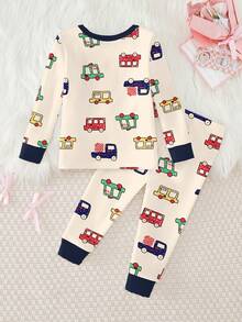 2件套男婴卡通汽车印花针织加厚保暖长袖上衣和裤子睡衣套装，秋冬款 - 杏色 - 查看 2
