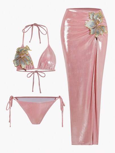 Swim Oasis 3pcs/Set Summer New High-End Shiny Fabric Sequin Embroidery Floral Triangle Bikini Push-Up Swimsuit For Women Beach Skirt Set 3 Piece Swimwear Set Swimwear 3 Pieces Set Swimsuit With Long Skirt Bikini And Skirt Set
