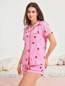 Bonmuse 条纹爱心图案短袖短裤女士睡衣套装 - 紅色 - 查看 6