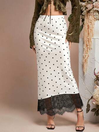 L'Amorae 纯色缎面蕾丝下摆细节低腰中长裙