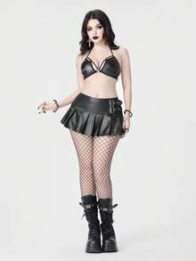 ROMWE Women's Gothic PU Metal Buckle Bra - Black - View 6