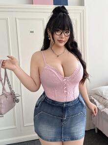 Comfortcana Plus Size Sexy Lace Bodysuit With Bow Accent Pink Bodysuit Pink Lingerie - Pink - View 5