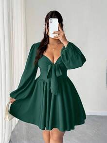 Elenzga Plus Size Sexy Black Mini Dress With Front Tie-Up Backless Cutout, Autumn