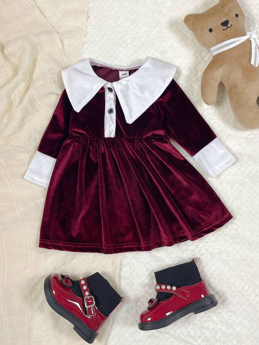 SHEIN Playful Pals 1件女婴天鹅绒领连衣裙,复古优雅时尚百搭黑白撞色天鹅绒长袖拼接A字连衣裙,适合万圣节、圣诞节、春季、秋季、冬季日常穿着。 - 紅色 - 查看 1