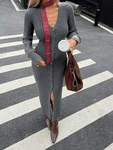 Livesso Women's V-Neck Puff Sleeve Sweater Dress, Autumn/Winter - Grey - View 4