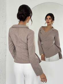 Firerie Women's Elegant New Minimalist Fashion Commuter Waist Pleated Slimming Asymmetric Hem Asymmetric Collar Long Sleeve Pullover Khaki Shirt - Khaki - View 5