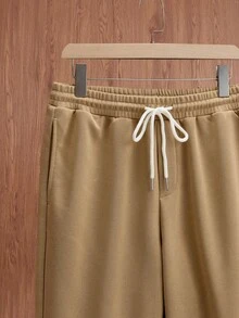 SWAVVY Men's Letter Embossed Round Neck Drop Shoulder Long Sleeve T-Shirt And Drawstring Waist Pants Casual Suit - Khaki - View 5