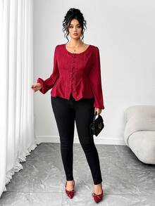 Elenzga Camicetta elegante e casual da donna taglie forti, in colore unito con bordo in pizzo, collo rotondo, maniche lunghe, vita stretta, linea ad A, chiusura con bottoni davanti, lunghezza corta, adatta per lavoro, vacanza, tè pomeridiano, festa di Natale, uscite, casual business, elegante - Bordò - Visualizzare 7