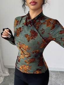 SHEIN PETITE Women's Elegant Tie-Dye Flocked Floral Print T-Shirt, Fitted Irregular Turtleneck Long Sleeve Tee, Women's Christmas & Halloween Party Top, Moss Green - Army Green - View 7