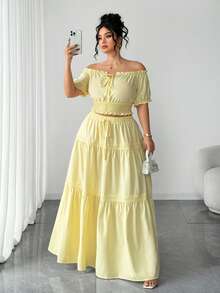 Elenzga Plus Size Women's Elegant Youthful Versatile Fitted Puff Sleeve Bow Waist Flared Hem 2-Piece Skirt Set, Suitable For Vacation, Casual, Commute, Date