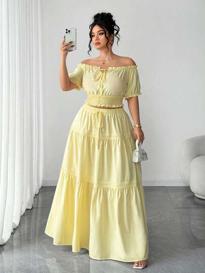 Elenzga Conjunto de falda de 2 piezas con mangas abullonadas, cintura con lazo y bajo acampanado, elegante y versátil, adecuado para vacaciones, uso casual, ir al trabajo, citas, tallas grandes para mujeres