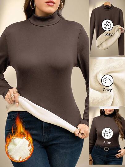 Chikora 1件加大码女式长袖保暖T恤，秋冬季棕色高领上衣，适合外出、工作、办公室穿着，商务女性职业装，女士办公服