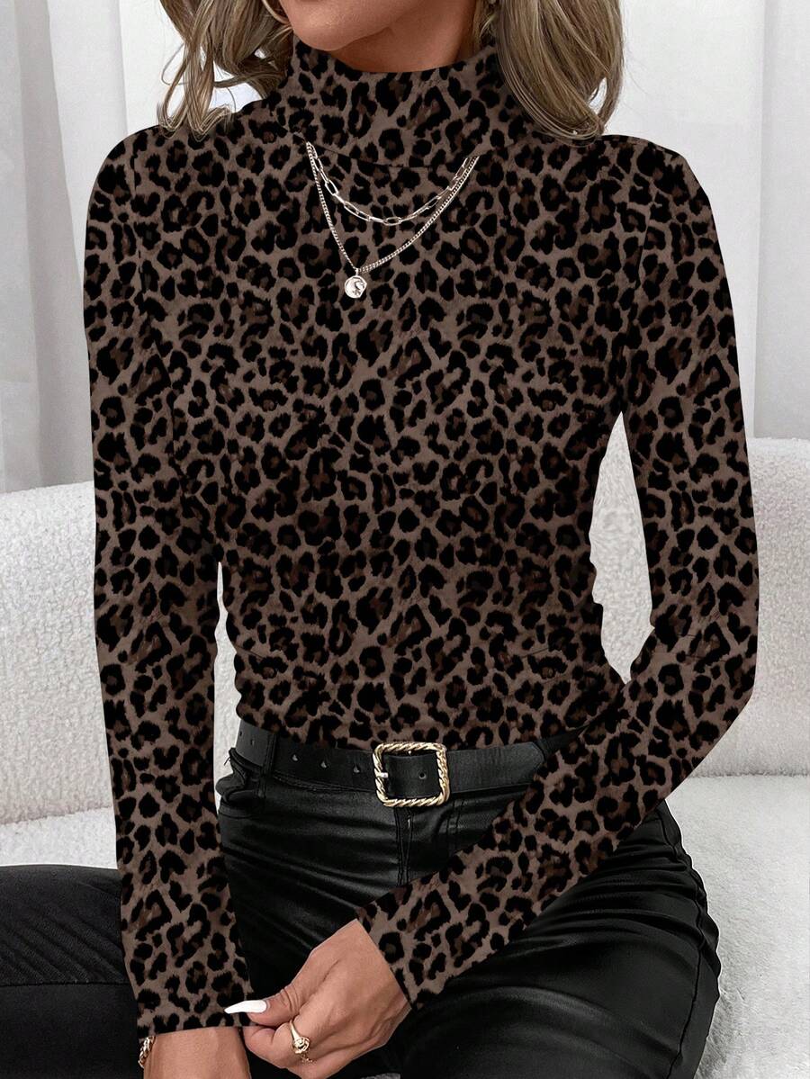 SHEIN Clasi Women's Casual Leopard Print Turtleneck Base Layer T-Shirt, Suitable For Autumn/Winter - Multicolor - View 1