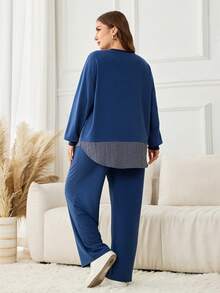 Lacomfia 2pcs Plus Size Women Casual Loose Knit Textured Crew Neck Pullover Set, Suitable For Autumn/Winter