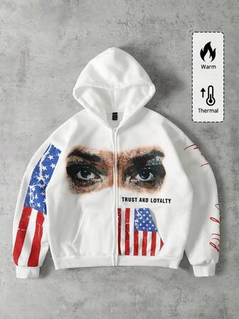 Street Life Sudadera con capucha casual con cremallera y estampado de lema y figura para hombres