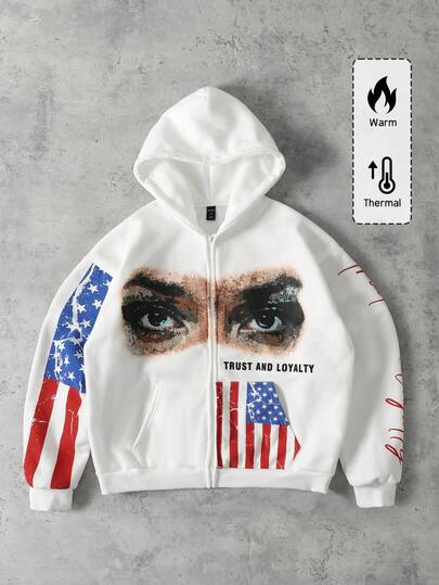 Sudadera con capucha casual con cremallera y estampado de lema y figura para hombres