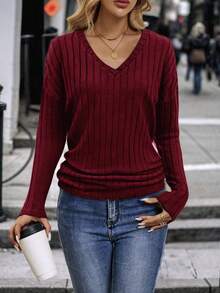 SHEIN 休闲纯色长袖T恤，秋季百搭 - 酒紅色 - 查看 3