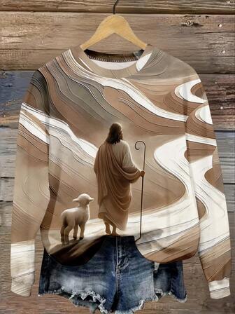 EMERY ROSE sweat-shirt décontracté à col rond et manches longues pour femmes avec imprimé paysage désertique et personne avec mouton. Convient pour l'automne et l'hiver