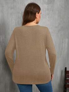 SHEIN Clasi Camiseta de manga larga casual de unicolor talla grande, otoño - Caqui - Ver 2