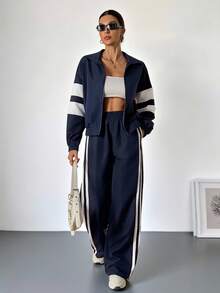 SHEIN Tall 新款休闲运动街头立领拉链长袖露肩外套+直筒阔腿裤玫紫色配白黑织带女两件套A - 藏蓝色 - 查看 1