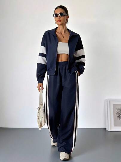 SHEIN Tall 新款休闲运动街头立领拉链长袖露肩外套+直筒阔腿裤玫紫色配白黑织带女两件套A