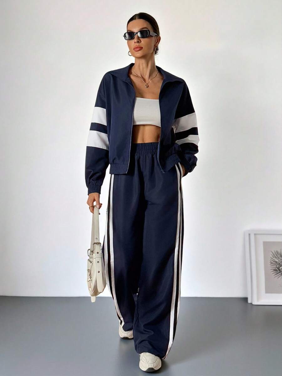 SHEIN Tall 新款休闲运动街头立领拉链长袖露肩外套+直筒阔腿裤玫紫色配白黑织带女两件套A - 藏蓝色 - 查看 1