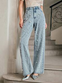 Anewsta 女士时尚高腰串珠直筒宽松阔腿牛仔裤，适合圣诞节、新年派对，优雅、别致、时尚、休闲、外出穿着 - 淺藍色 - 查看 2