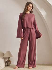 Ocili 2pcs Comfortable Soft Bamboo Knit Round Neck Long Sleeve Top And Pants Women Lounge Set, Summer Sleep Wear Women Loose Lounge Sets For Women Round Neck, Winter Clothes - Burgundy - View 4