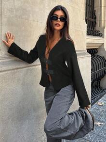 Aloruh Women's Autumn/Winter Cardigan Coat With Buckle - Black - View 5