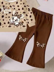 两件套可爱豹纹兔子图案卫衣和喇叭裤套装，适合女婴，舒适的秋冬及圣诞节服装 - 彩色 - 查看 5